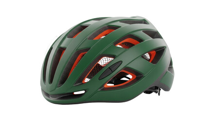 Fototapeta premium Green and orange bicycle helmet isolated PNG on transparent background, protective headgear for cycling and outdoor sports safety