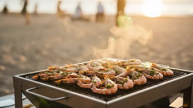 Delicious shrimp and seafood grilling on a barbecue at sunset on the beach