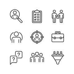 Line art icons depicting recruitment human resources and team management concepts