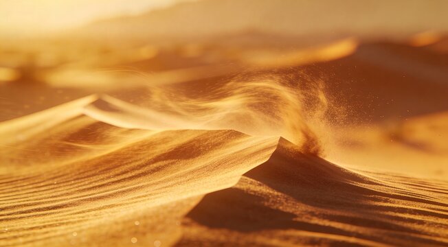 Golden desert sand dunes with wind blowing sand particles at sunset