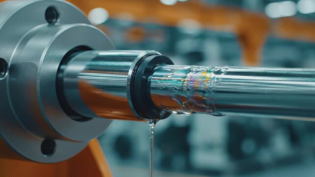 Macro close-up of a polished chrome hydraulic piston rod with clear fluid dripping from the seal in a brightly lit industrial factory.