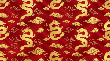 Seamless Traditional Red Background with Golden Chinese Dragon and Cloud Pattern