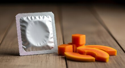 Vibrant orange soap bars and foil packaging on wooden table