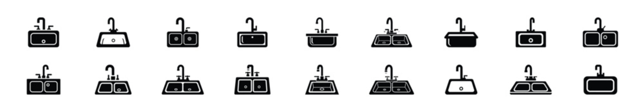 Collection of black   kitchen sink silhouette isolated on white background. cooking vector illustration icons.
