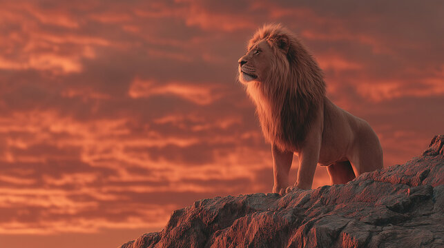The king of lion standing on the top of rock mountain look powerful , twilight sunset time.