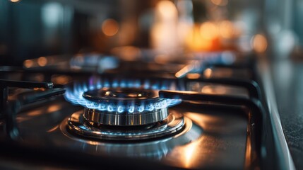 Macro view of a single gas burner in operation on a modern kitchen stovetop