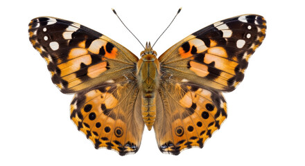Painted lady butterfly PNG isolated on transparent background, Vanessa cardui with orange, black, and white wings, detailed insect for design © PAPADOMUS