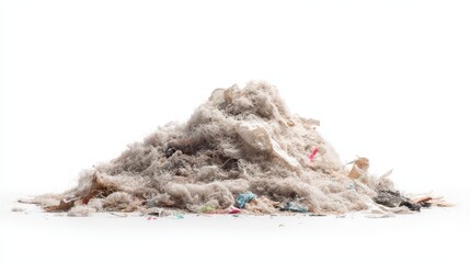 Messy pile of trash and dust captured on a pure white surface with gritty textures