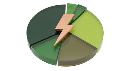 Obraz premium Green and brown pie chart with lightning bolt isolated PNG, business data visualization for energy sector and financial analysis