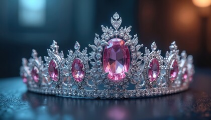 Obraz premium Elegant tiara adorned with pink gems and sparkling diamonds. Symbol of royalty, beauty pageants, and luxury. Perfect for fashion editorials or conceptual designs about success.