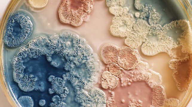 amoeba. Top-down view of organic amoeba-like patterns in a soft-focus petri dish. STEM education sheets, lab safety posters, designed for biotech research communications, supports STEM education.