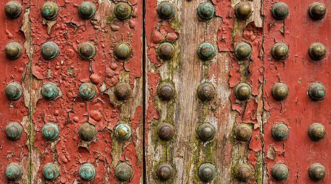 Antique Weathered Chinese Red Wooden Door with Tarnished Brass Studs Texture