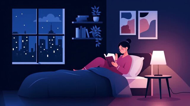 Woman Reading Book in Bed at Night with City View Through Window Vector Animation