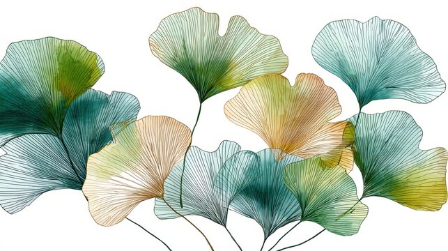 Minimalist botanical drawing of ginkgo leaves for decor and print designs
