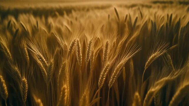 Aerial drift above golden barley fields as wind creates soft rolling waves.