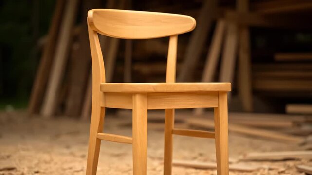 A raw log transforms into a finished wooden chair. This stop-motion video showcases the woodworking process.