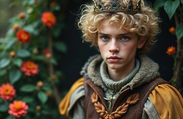 Obraz premium Young prince with blond curly hair and crown poses in garden. Fairy tale character wears rich clothing. Boy looks serious, has blue eyes and freckles. Nature background with flowers.