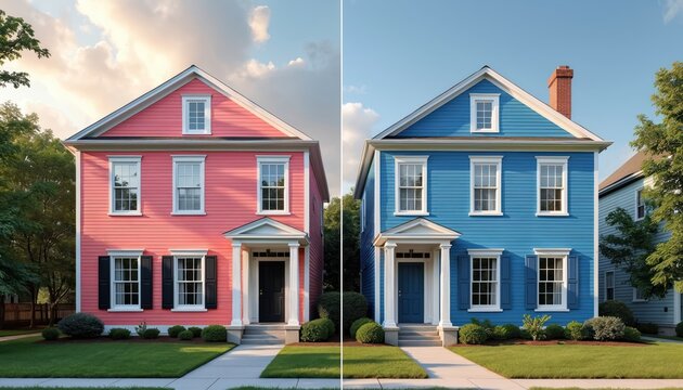 Side by side split view of two suburban houses. One house features pink exterior paint, the other blue. Both have white trim, green lawns, and clear blue sky.