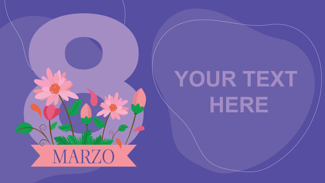 Horizontal illustration with vectors and graphics of International Women's Day on March 8, with space for text. Number 8 with flowers. Concept: 8M, Women's Day.