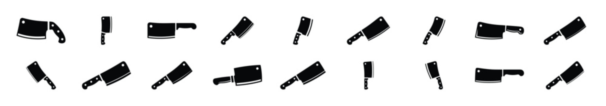 Collection of black   meat cleaver silhouette isolated on white background. cooking vector illustration icons.
