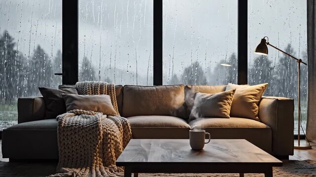 Cozy couch scene with rain-streaked window and warm lamp