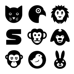 Fototapeta premium Collection of Black Vector Animal Icons and Avatars Including Cat, Monkey, Bird, Lion, and Rabbit. Simple Graphic Silhouettes.