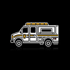 White ambulance truck with yellow stripe.