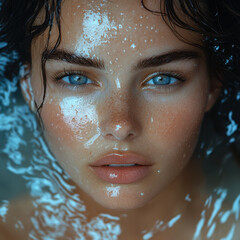 Woman with striking blue eyes staring intently.