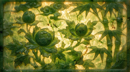 Backlit Carved Green Jade Panel Featuring Peony Flowers and Bamboo Motif
