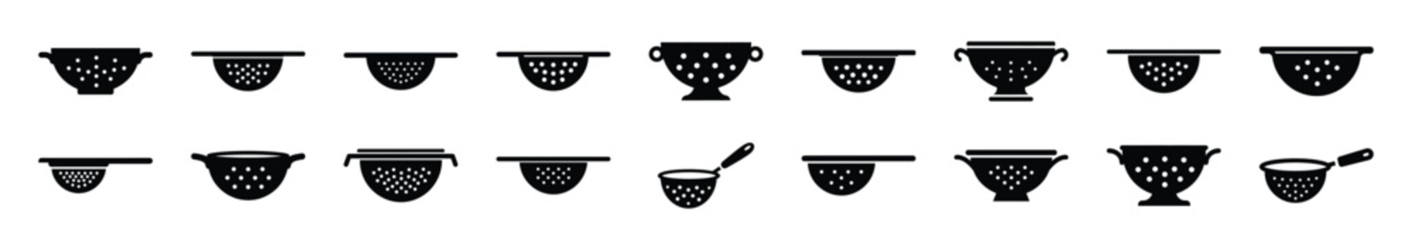 Collection of black   pasta strainer silhouette isolated on white background. cooking vector illustration icons.