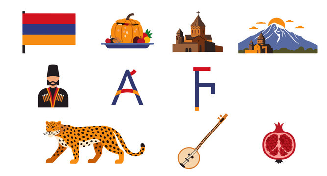 Armenian cultural symbols and landmarks collection with flag, leopard, and traditional attire