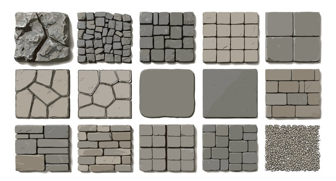 Collection of different stone paving textures and patterns for landscaping and construction