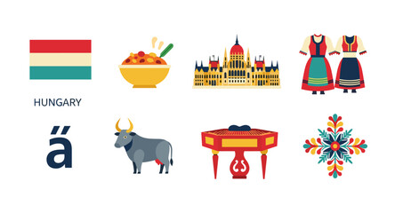 Hungary travel icons: flag, food, parliament, traditional clothing, bull, dulcimer, and folk art