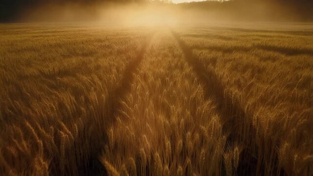 Drone glides over endless golden wheat fields during sunrise