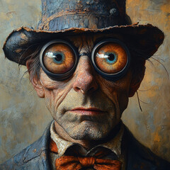 A man with hat and glasses in a painting.