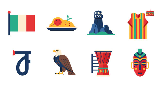 Collection of cultural icons including flags, food, landmarks, clothing, and masks