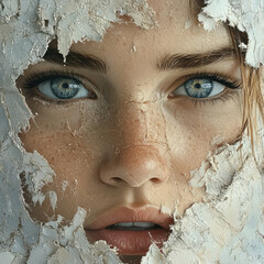Woman staring intensely with blue eyes through torn paper.