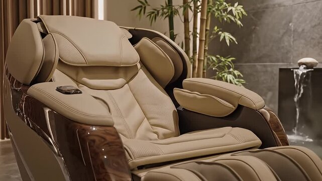 Luxurious Massage Chair in Serene Spa Setting with Bamboo and Water Feature.