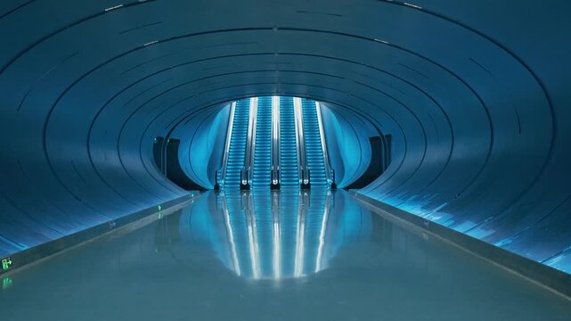Futuristic blue underground tunnel with illuminated escalators and striking symmetrical architectural design in Chengdu city, China. Symmetry, minimalism technology, innovation and modernity