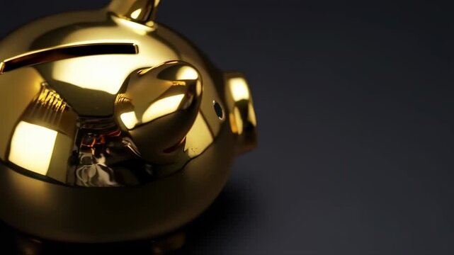 Shiny golden piggy bank on dark background
