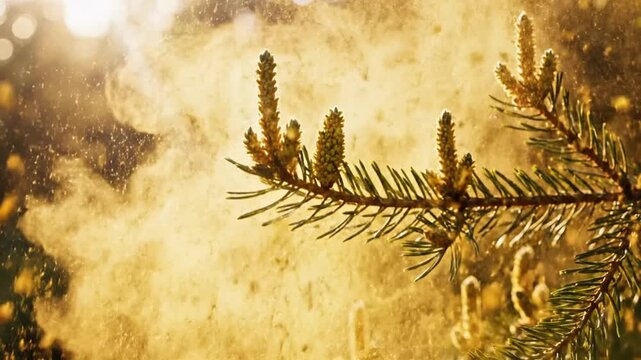 Close-up of pine branches with golden sparkles in sunlight