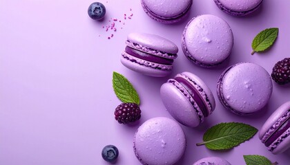 Fototapeta premium Macaron assortment in purple color palette, clean and minimal composition
