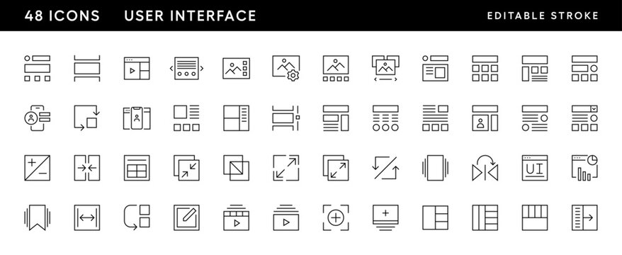 Interface icon set. User interface icons, web page, sidebar, multimedia, browser, wireframe, gallery, profile and more. Editable stroke. Pixel Perfect. Grid base 32 x 32.