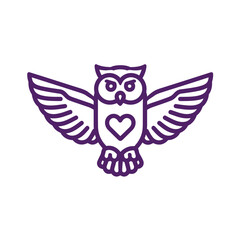 Obraz premium Purple Owl Line Art Icon with Heart Symbol. Minimalist Vector Illustration for Wisdom, Love, and Education Concepts.