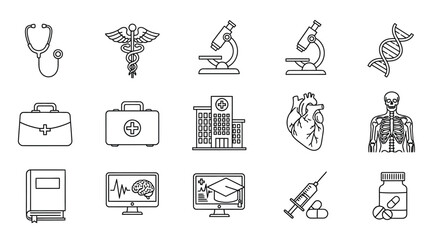 Fototapeta premium Medical icons including tools building and a human skeleton silhouette