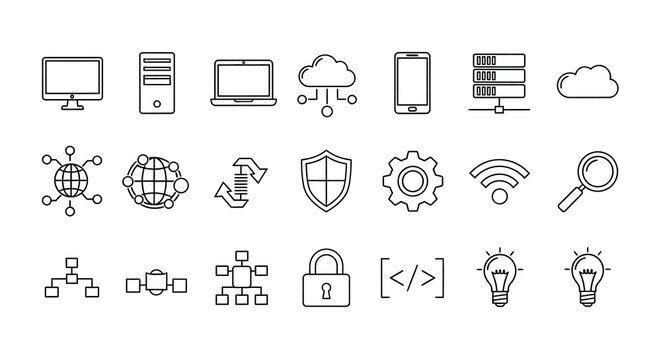 Various technology icons in linear design a modern silhouette