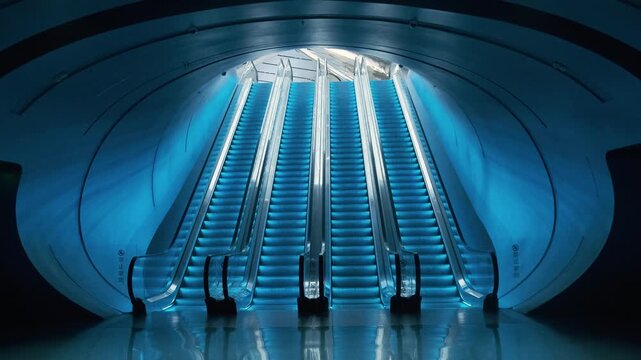 Futuristic blue illuminated escalators inside modern underground station with curved tunnel architecture and reflective floor. Symmetry, minimalism, technology, innovation. Abstract background