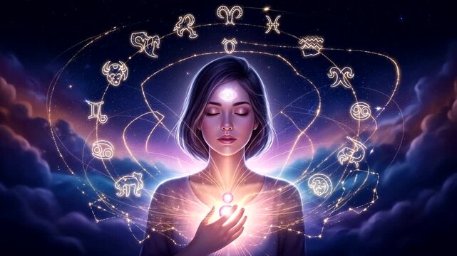 Woman meditating with zodiac symbols glowing around her head.