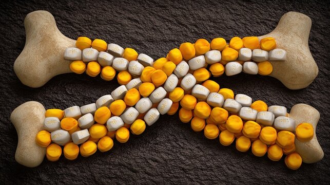 nutritional. A glowing double helix of calcium and vitamin D against a bone-textured backdrop, illustrating nutritional synergy. STEM education sheets.