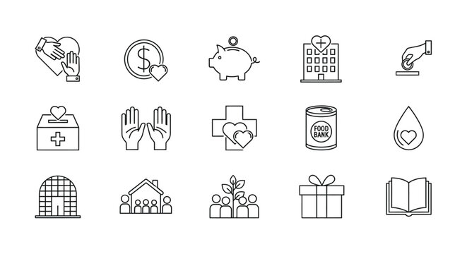 Charity and donation icons representing support giving and aid silhouette